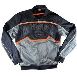 Harley-Davidson Zip Up Track Jacket Mens Large Black Orange Embroidered Logo
